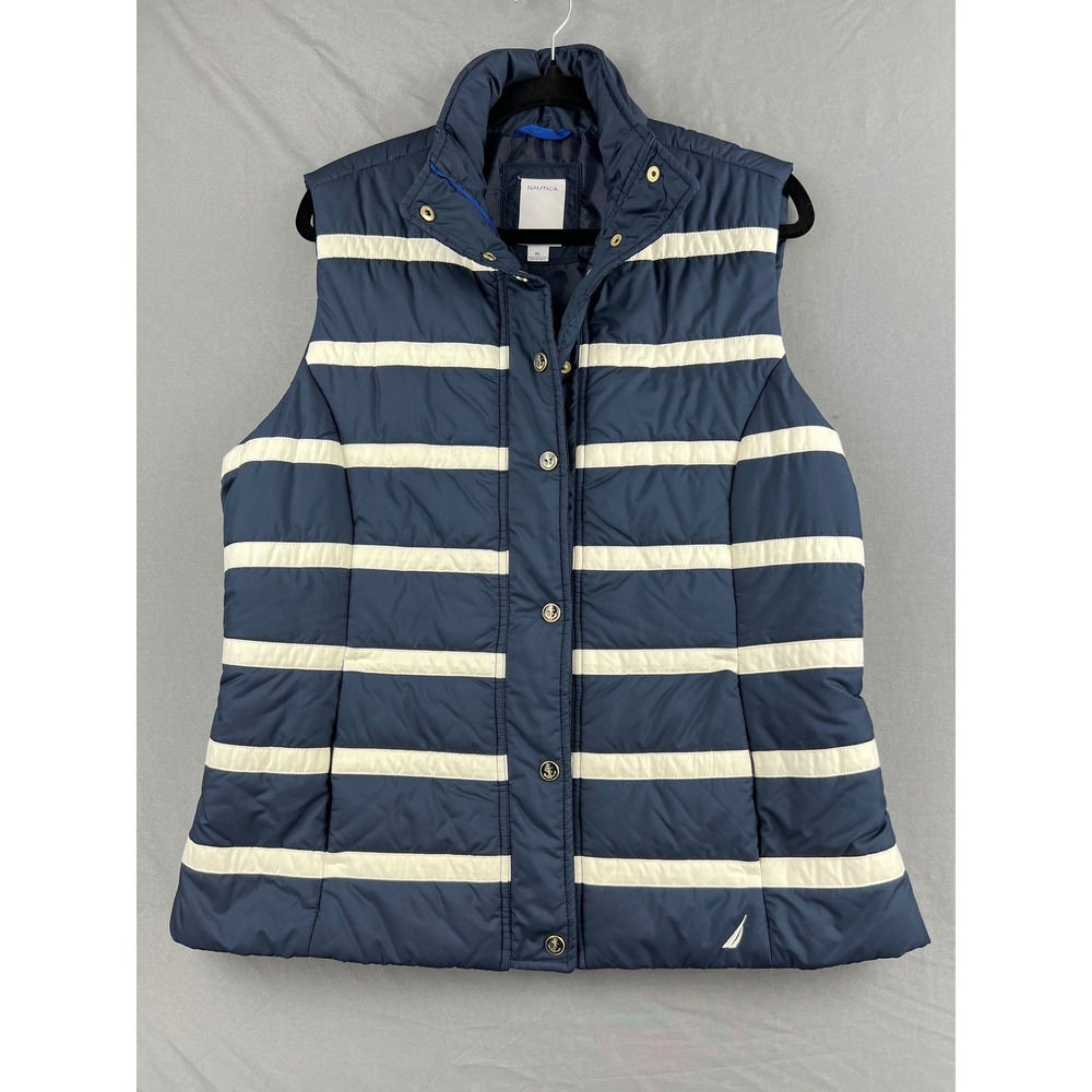 Nautica Puffer Vest Womens XL Blue White Striped Quilted Anchor Button Excellent
